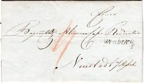 Bayern 1808, Schreibschrift-L1 Nürnberg auf Porto Brief n. Neustadt a.A.