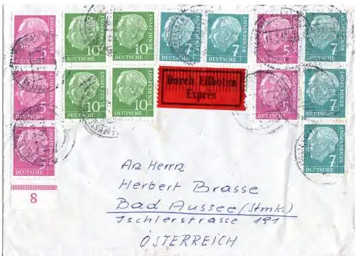 BRD 1959, 14 Heuss Marken auf portorichtigem Eilboten Ausl.-Brief v. Esslingen 