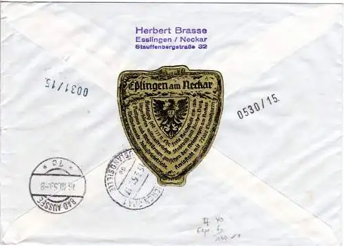 BRD 1959, 14 Heuss Marken auf portorichtigem Eilboten Ausl.-Brief v. Esslingen 