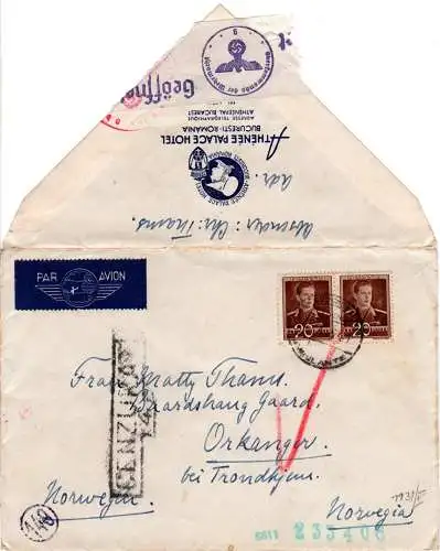 Rumänien 1941, 2x20 L. auf Luftpost Zensur Hotel Brief  v. Bukarest n. Norwegen