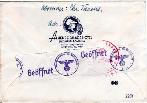 Rumänien 1941, 2x20 L. auf Luftpost Zensur Hotel Brief  v. Bukarest n. Norwegen