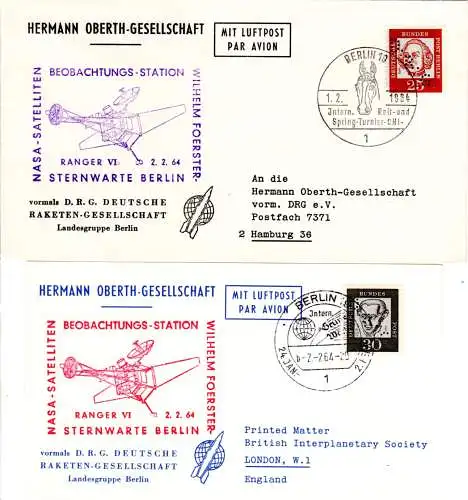 BRD 1964, 25 u. 30 Pf. je m. perfin auf 2 Belegen der Dt. Raketen Gesellschaft