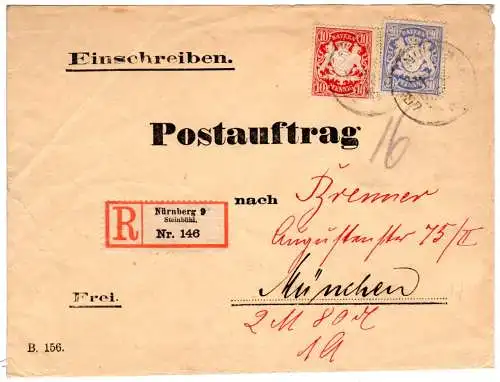 Bayern 1907, 10+20 Pf auf Postauftrag Einschreiben-Brief v. Nürnberg 9 Steinbühl