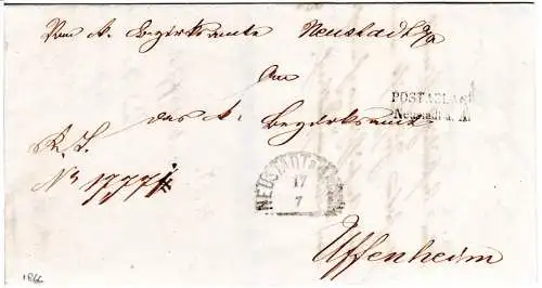 Bayern 1866, HKS u. L2 Postablage Neustadt a.A. auf Brief n. Uffenheim