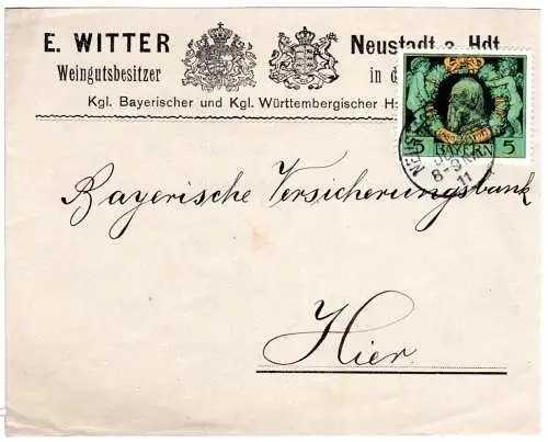 Bayern 1911, 5 Pf. Luitpold Jubiläum auf Weingut Orts-Brief v. Neustadt a. Hdt.