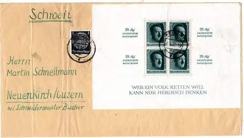 DR 1937, Block 11 zus. m. 1 Pf. auf portorichtigem Brief v. Weimar i.d. Schweiz.