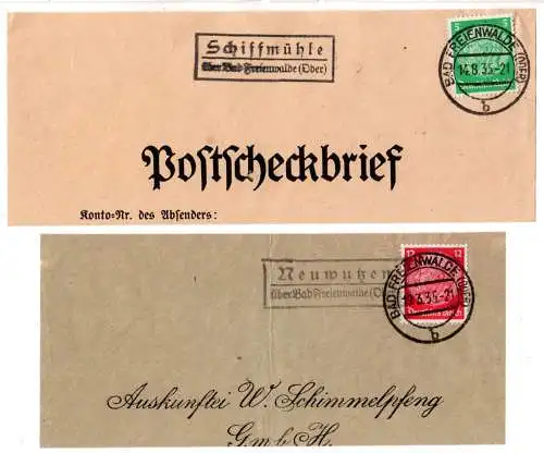 DR 1935, Poststellen II-Stpl. Neuwutzen u. Schiffmühle auf 2 Briefstücken