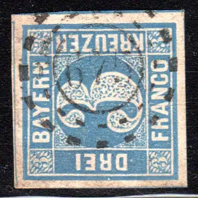 Bayern, oMR 675 Waldershof zart auf breitrandiger 3 Kr. blau.