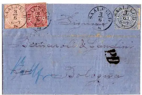 NDP 1868, 2+3+7 Kr. auf PD Brief v. Saalfeld n. Italien.