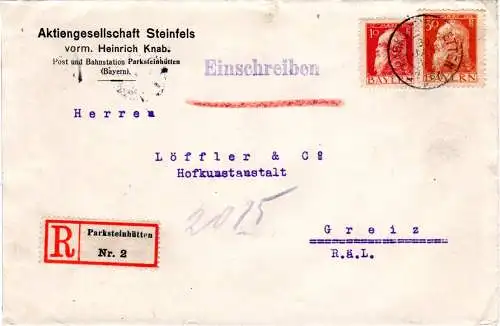 Bayern 1914, 30+10 Pf. auf Firmen Einschreiben Brief v. K2 Parksteinhütten 