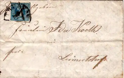 Bayern 1850, 3 Kr. (2 I, unten angeschn.) auf Brief m. HKS THURNAU u. Federzug