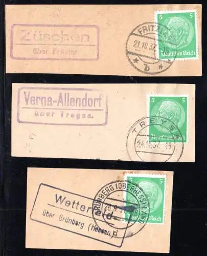 DR 1937, 3 Hessen Poststellen II-Stpl. auf 3 Briefstücken