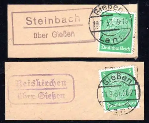 DR 1937, Poststellen II-Stpl. REISKIRCHEN u. STEINBACH auf 2 Briefstücken.