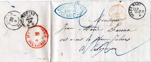 Sardinien 1858, NIZZA MARa. u. K2 Sardaigne 3 Culoz auf Porto Brief n. Preussen