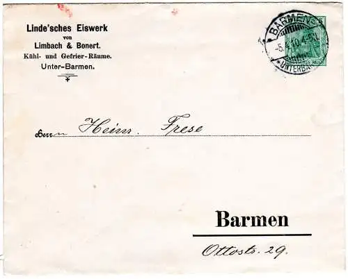 DR PU 25 B9, 1910 gebr. 5 Pf. Privatganzsachenumschlag Linde´sche Eiswerk Barmen