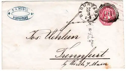 Thurn & Taxis, 3 Kr. Ganzsache Brief v. 104 Darmstadt n. Trennfurt in Bayern