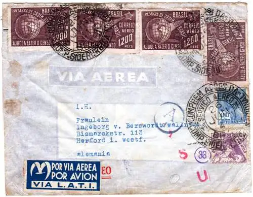 Brasilien 1941, 6 Marken auf LATI Luftpost Zensur Brief m. Absender v. Peru