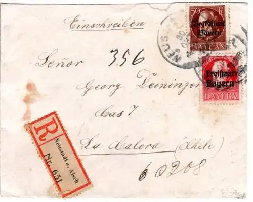 Bayern 1919, 10+50 Pf auf Einschreiben Brief v. Neustadt a.A. n. La Calera Chile