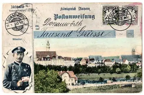 1000 Grüsse aus Donauwörth m. Postbote u. Briefmarken, 1918 gebr. Farb-AK