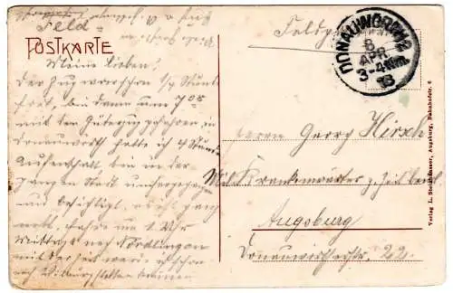 1000 Grüsse aus Donauwörth m. Postbote u. Briefmarken, 1918 gebr. Farb-AK