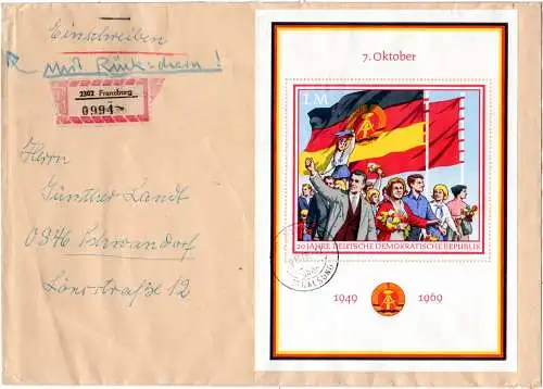 DDR 1969, Block 29 als EF auf Reko Rückschein Brief v. Franzburg n. Bayern