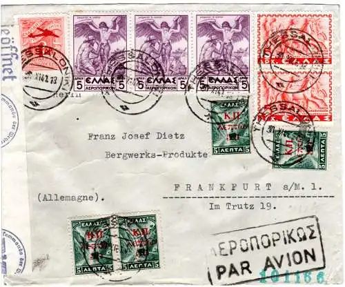 Griechenland 1941, 10 Marken auf Luftpost Zensur Brief v. Thessaloniki n. Dt.