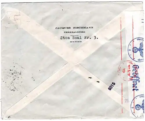 Griechenland 1941, 10 Marken auf Luftpost Zensur Brief v. Thessaloniki n. Dt.