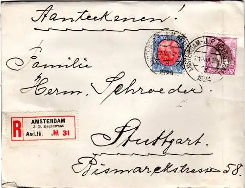 NL 1924, 15+30 C. auf gesiegeltem Reko Brief v. Amsterdam n. Deutschland