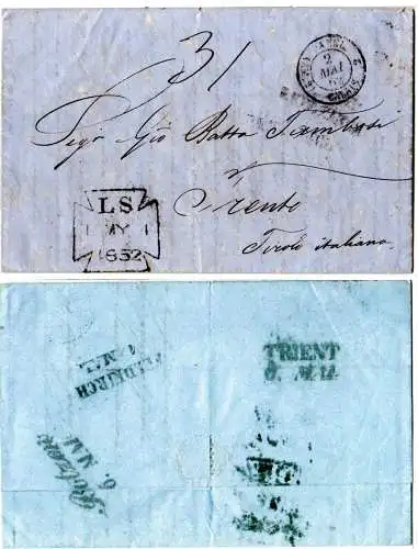 GB 1852, Porto Brief v. London via Frankreich u. Österreich nach Trento