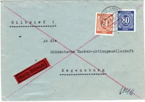 1946, 24+80 Pf. auf Eilboten Brief v. Neustadt (Aisch) n. Regensburg