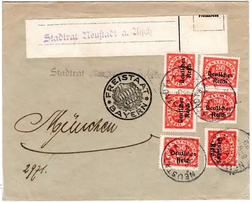 DR 1922, MeF 6x50 Pf. Dienst Bayern Abschied auf Brief v. Neustadt a. Aisch