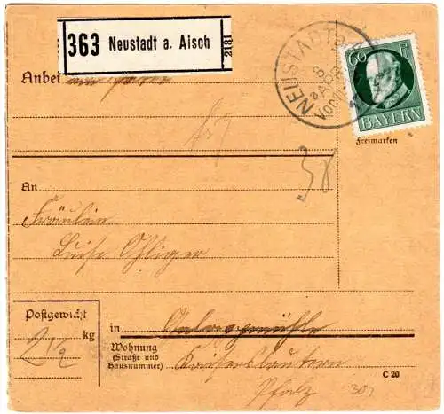 Bayern 1917, 60 Pf. auf Paketkartev. Neustadt a.A. n. Galappmühle Kaiserslautern