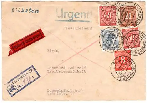 1947, 5 Marken auf portorichtigem R-Express Brief m. blauem R-Stpl. München 22