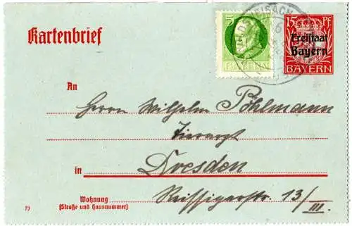 Bayern 1920, Bahnpost-K2 Maroldsweisach-Bamberg Zug 6 auf Kartenbrief n. Dresden