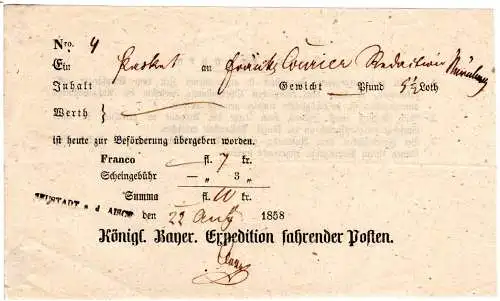 Bayern, Postschein m. L1 Neustadt a.d. Aisch u. eingedruckter Jahreszahl 1858