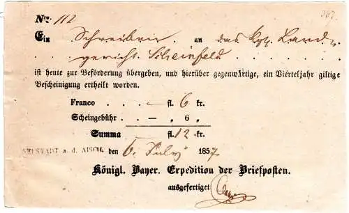 Bayern 1857, Postschein m. L1 Neustadt a.d. Aisch, Scheingebühr 6 Kr.