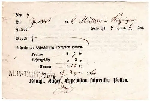 Bayern 1860, Postschein m. L1 Neustadt a/Aisch u. überschriebenem jahresvordruck