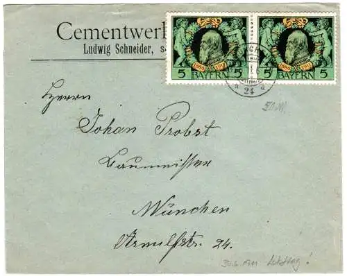 Bayern 1911, Paar 5 Pf. Luitpold Jubiläum auf Brief m. Letzttagsentwertung 30.6.