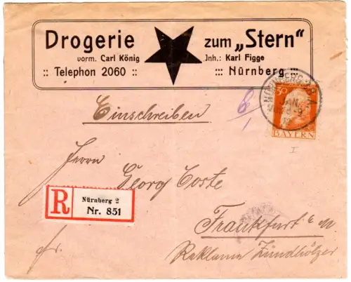 Bayern 1912, 30 Pf. auf Firmen-Einschreiben-Brief v. Nürnberg 2 