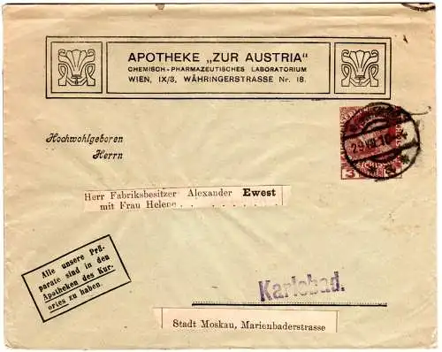 Österreich 1910, gebr. 3 H. Privatganzsache Umschlag Apotheke Zur Austria Wien