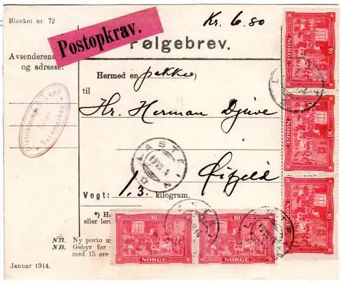 Norwegen 1914, MeF 5x 10 öre Unabhängigkeit auf Nachnahme Paketkarte v. Lastein