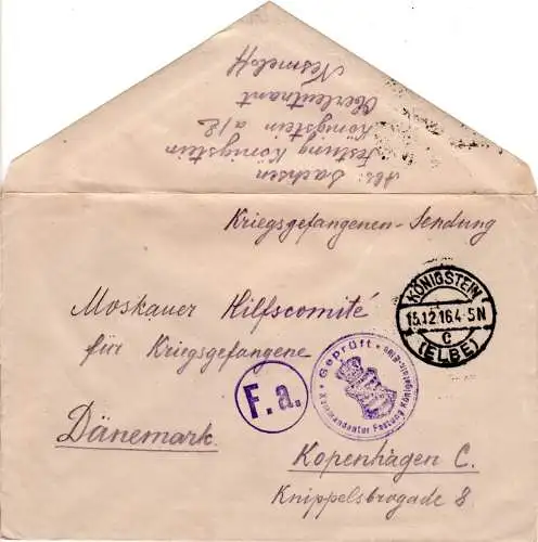 DR 1916, Offizierslager Königstein (Elbe), KGF POW Zensur Brief n. Dänemark.