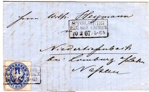 Preussen 1867, R3 Stolberg Reg.Bez. Aachen klar auf kl. Brief m. 2 SGr.