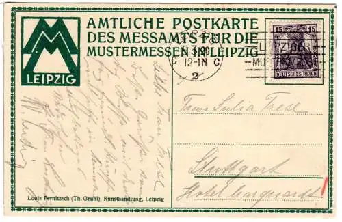 DR 1920, Mustermesse Leipzig, amtl. Messamt Karte m. 15 Pf. n. Stuttgart