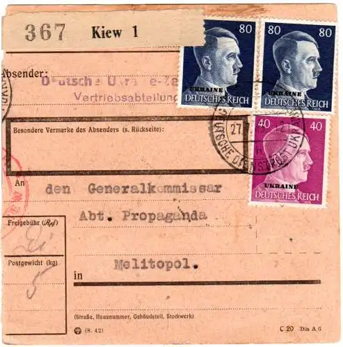 Ukraine 1943, 40+2x80 Pf. auf Paketkarte v. Kiew an d. Propaganda Abt. Melitopol