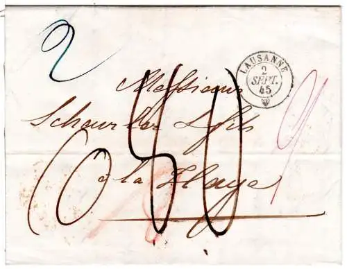 Schweiz 1845. K2 Lausanne auf Porto Brief n. La Haye NL m. rs. Grenzstempel