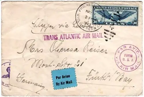 USA 1940, 30 C. auf Trans Atlantic Air Mail Brief via Lisbon n. Deutschland