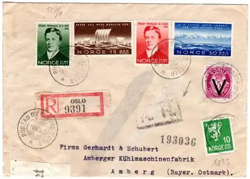 Norwegen 1943, scarce boxed AR on regd. cover with 6 stamps from Oslo to Germany