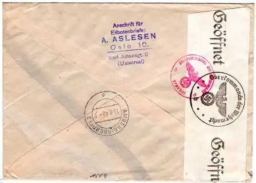 Norwegen 1943, scarce boxed AR on regd. cover with 6 stamps from Oslo to Germany