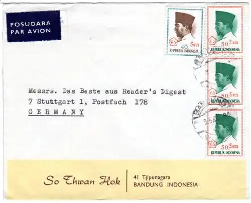 Indonesien 1966, 4 Marken auf Brief m. blauem 2-sprachigem Luftpost-Etikett